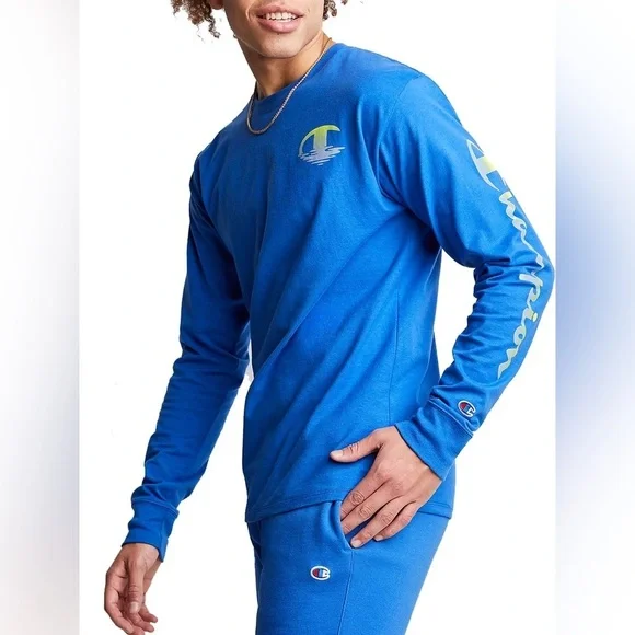 NWT Champion Men's Logo Graphic Long Sleeve T-Shirt Royal Blue/Yellow Size 2XL - Picture 1 of 12